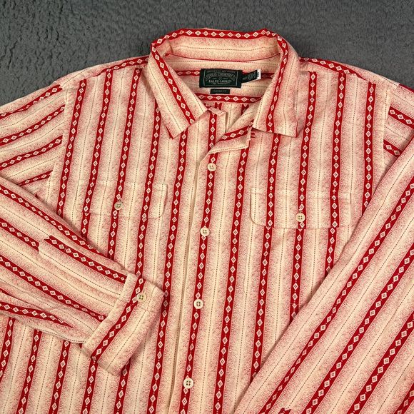 Polo Country Ralph Lauren Shirt Mens XL Red Aztec Southwestern Linen Loop Collar